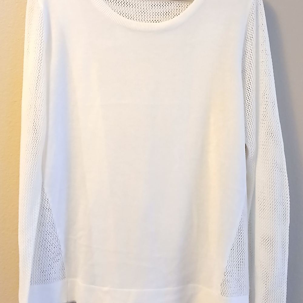 CAbi Light Weight Long Sleeve Cream Sweater With Cross Mesh Back Design